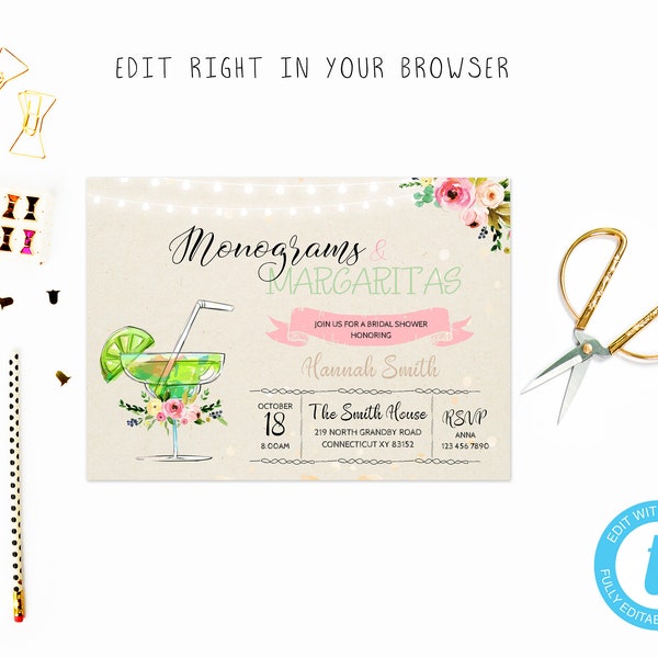 Margaritas and monograms party tem, TRY BEFORE you BUY, instant download, edit yourself invitation,Template Editable