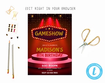 Gameshow birthday party invitation, TRY BEFORE you BUY, instant download, edit yourself invitation,Template Editable