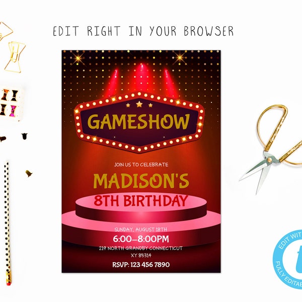 Gameshow birthday party invitation, TRY BEFORE you BUY, instant download, edit yourself invitation,Template Editable