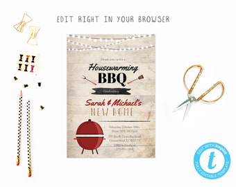 Housewarming bbq party tem card, TRY BEFORE you BUY, instant download, edit yourself invitation,Template Editable