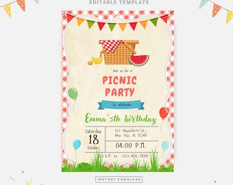 Cute picnic party invitation, Editable template, Instant download, DIY invitation
