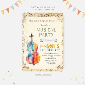 May include: A printable invitation for a musical party to celebrate Mason's 7th birthday. The invitation features a watercolor illustration of a cello on a background of musical notes. The text reads "Join us for a Musical Party to celebrate Mason's 7th Birthday".