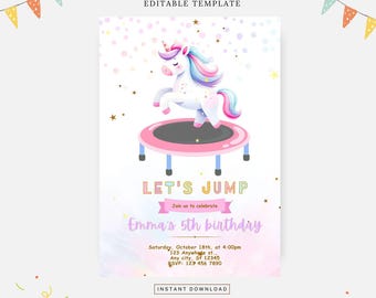 Unicorn jump party invite, Editable template, Instant download, DIY invitation
