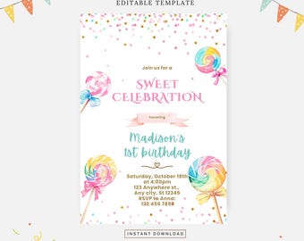 Lollipop candy birthday invitation, Editable template, Instant download, DIY invitation