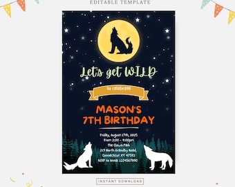 Wolf birthday party, Editable template, Instant download, DIY invitation