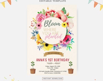 Blomma där du är planterad-fest, redigerbar mall, direktnedladdning, gör-det-själv-inbjudan