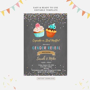 Révélation du sexe des cupcakes ou des muffins, modèle modifiable, téléchargement immédiat, invitation DIY
