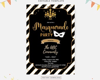 Maskeradfest, redigerbar mall, direktnedladdning, gör-det-själv-inbjudan