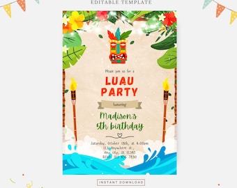 Tiki luau party invitation, Editable template, Instant download, DIY invitation