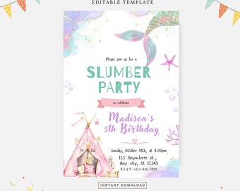 Mermaid sleepover party invitation, Editable template, Instant download, DIY invitation