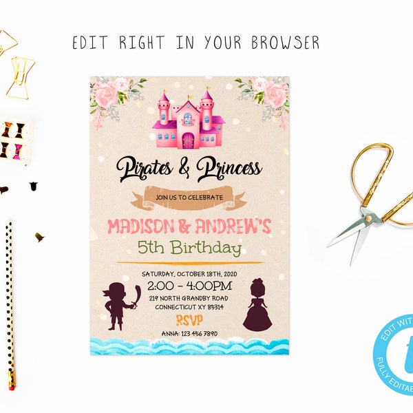 Pirates and princess party tem, TRY BEFORE you BUY, instant download, edit yourself invitation,Template Editable