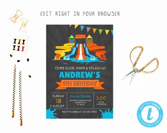 Cute waterpark birthday party tem, TRY BEFORE you BUY, instant download, edit yourself invitation,Template Editable