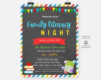 Family literacy night flyer, Editable template, Instant download, DIY flyer, poster