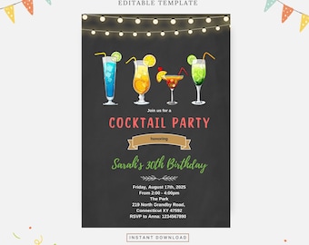 Cocktailfödelsedagsfest, redigerbar mall, direktnedladdning, gör-det-själv-inbjudan