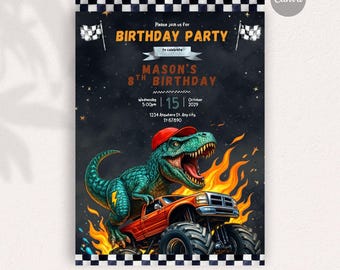 Racing monster truck dinosaur invite, Instant Download DIY Invitation, Editable invitation, Digital Stationery, Fully Personalizable