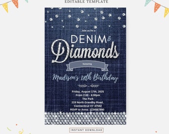 Feestje denim en diamanten, bewerkbare sjabloon, direct downloaden, DIY-uitnodiging