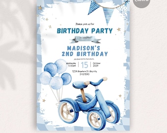 Tricycle with Balloons Birthday Invitation, Instant Download DIY Invitation, Editable invitation, Digital Stationery, Fully Personalizable
