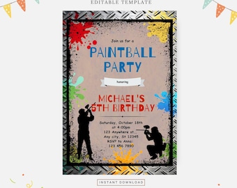 Invito per festa di paintball, modello modificabile, download immediato, invito fai da te