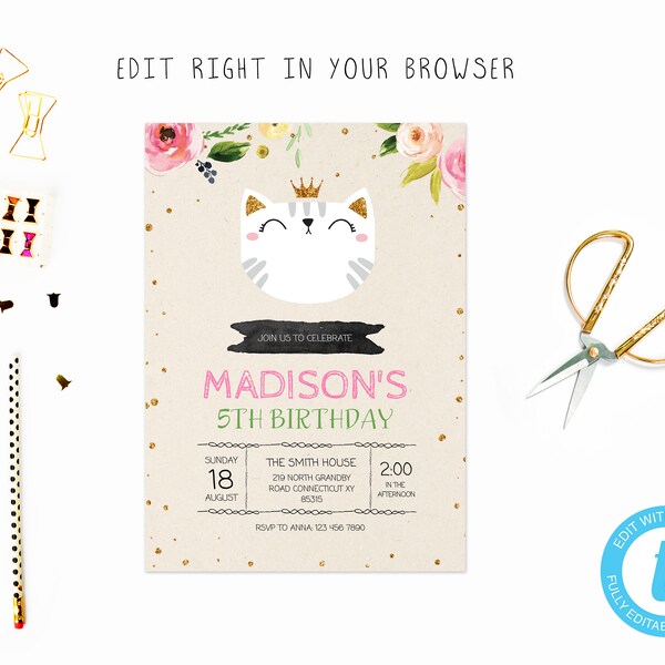 Cute princess cat party tem, TRY BEFORE you BUY, instant download, edit yourself invitation,Template Editable