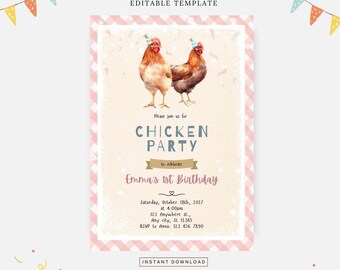 May include: A pink and white gingham patterned invitation with a watercolor illustration of two chickens wearing party hats. The text reads "Please join us for Chicken Party to celebrate Emma's 1st Birthday. Saturday, October 18th, 2017 at 4:00pm 123 Anywhere st., Any city, St. 12345 RSVP to Anna: 123 456 7890".