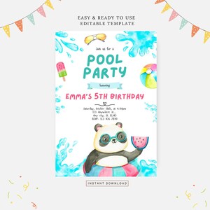Puede incluir: Una invitación imprimible para una fiesta en la piscina con un panda que lleva gafas de sol y sostiene una sandía. La invitación está decorada con salpicaduras de agua azul y blanca y tiene el texto "Únete a nosotros para una fiesta en la piscina celebrando el 5º cumpleaños de Emma".