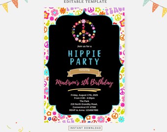 Festa de aniversário hippie fofa, modelo editável, download instantâneo, convite DIY