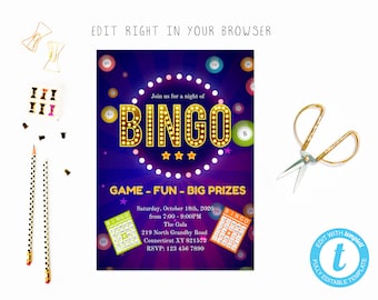 Bingo night invitation, TRY BEFORE you BUY, instant download, edit yourself invitation,Template Editable