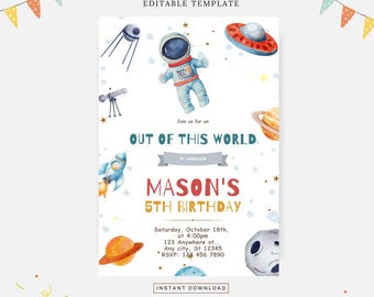 Space boy birthday invite, Editable template, Instant download, DIY invitation