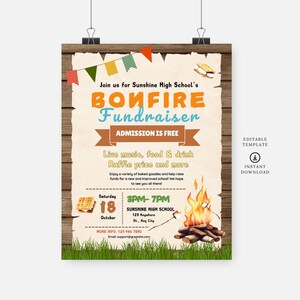 Könnte beinhalten: Eine druckbare Einladung zu einer Spendenaktion mit Lagerfeuer an der Sunshine High School. Die Einladung zeigt ein karikatürliches Lagerfeuer mit einem Marshmallow am Stock, einem S'more und einem Holzhintergrund. Der Text lautet: "Besuchen Sie uns für die Spendenaktion mit Lagerfeuer der Sunshine High School. Der Eintritt ist frei. Live-Musik, Essen & Getränke. Tombola-Preis und mehr. Samstag, 18. Oktober, 15:00-19:00 Uhr. Sunshine High School, 123 Anywhere St., Any City. Weitere Informationen: 123 456 7890. E-Mail: support@greatsite.com. Bearbeitbare Vorlage. Sofortiger Download."