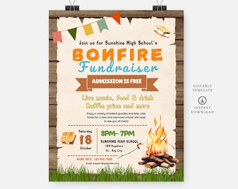 Backyard campfire bonfire fundraiser flyer, Editable template, Instant download, DIY flyer, poster