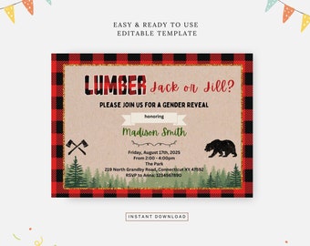 Lumber Jack eller Jill könsavslöjande fest, redigerbar mall, direktnedladdning, gör-det-själv-inbjudan