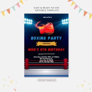 Boxing birthday party invitation, Editable template, Instant download, DIY invitation