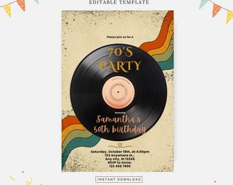 Retro Schallplatteneinladung, bearbeitbare Vorlage, Sofort-Download, DIY-Einladung