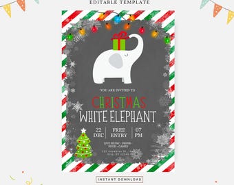 Weihnachten weißer Elefant Einladung, bearbeitbare Vorlage, Sofort-Download, DIY-Einladung