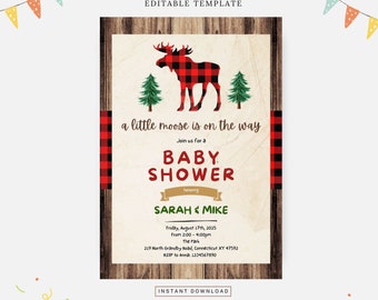 Älg babyshowerfest, redigerbar mall, direktnedladdning, gör-det-själv-inbjudan