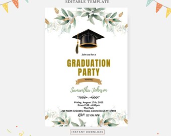 Greenery graduation invitation, Editable template, Instant download, DIY invitation