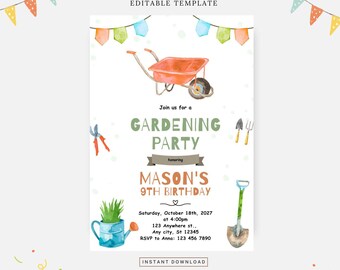 May include: A printable gardening party invitation featuring a watercolour illustration of a wheelbarrow, gardening tools, and a watering can. The invitation is for Mason's 9th birthday party. The text on the invitation reads "Join us for a Gardening Party honouring Mason's 9th Birthday. Saturday, October 18th, 2027 at 4:00pm. 123 Anywhere st.. Any city, St 12345. RSVP to Anna: 123 456 7890. Instant Download."