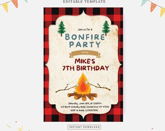 May include: A printable invitation for a bonfire party celebrating a 7th birthday. The invitation features a red and black buffalo plaid background, a campfire with marshmallows, and the text "Join us for a Bonfire Party honoring Mike's 7th Birthday".