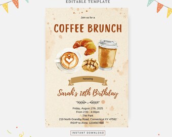 Kaffebrunchfödelsedagsfest, redigerbar mall, direktnedladdning, gör-det-själv-inbjudan