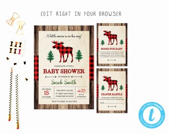 Moose baby shower suite tem, TRY BEFORE you BUY, instant download, edit yourself invitation,Template Editable