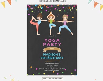 Söt yogafest, redigerbar mall, direktnedladdning, gör-det-själv-inbjudan