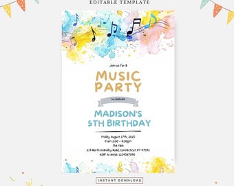 Music note party invitation, Editable template, Instant download, DIY invitation