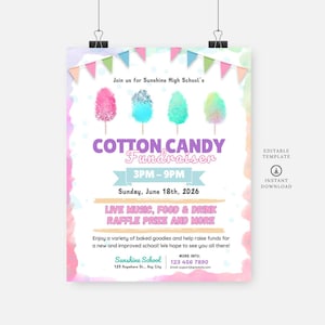 Puede incluir: Un folleto colorido para una recaudación de fondos de algodón de azúcar en la escuela secundaria Sunshine. El folleto presenta un fondo de acuarela con ilustraciones de algodón de azúcar y texto que dice "Cotton Candy Fundraiser", "3PM-9PM", "Sunday, June 18th, 2026", "Live Music, Food & Drink, Raffle Prize and More", y "¡Disfruta de una variedad de golosinas horneadas y ayuda a recaudar fondos para una nueva escuela mejorada! ¡Esperamos verlos a todos allí!"