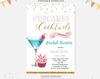 Möhippa med cupcake- och cocktailteman, redigerbar mall, direktnedladdning, gör-det-själv-inbjudan