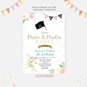 May include: A printable invitation for a Pixies & Pirates party, featuring a fairy and a pirate ship. The invitation is decorated with flowers, green leaves, and gold glitter. The text reads "Join us for a Pixies & Pirates Party celebrating Emma & Mike's 5th Birthday".