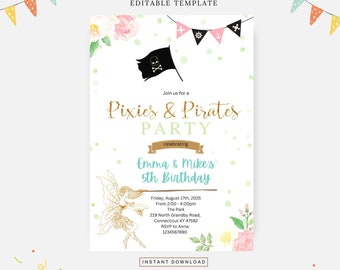 Pixies and pirates birthday party, Editable template, Instant download, DIY invitation