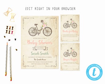 Bicycle baby shower suite tem, TRY BEFORE you BUY, instant download, edit yourself invitation,Template Editable