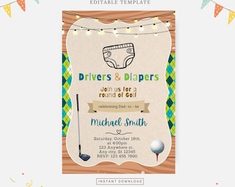 Invitación de baby shower para papá con pañales y palos de golf, plantilla editable, descarga instantánea, invitación hecha a mano