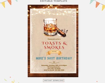 Whiskey and Cigars Party Invitation, Editable template, Instant download, DIY invitation