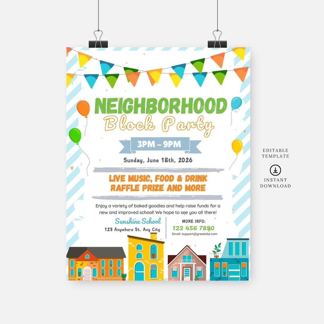 Neighborhood Block Party Flyer, Editable Template, Instant Download ...